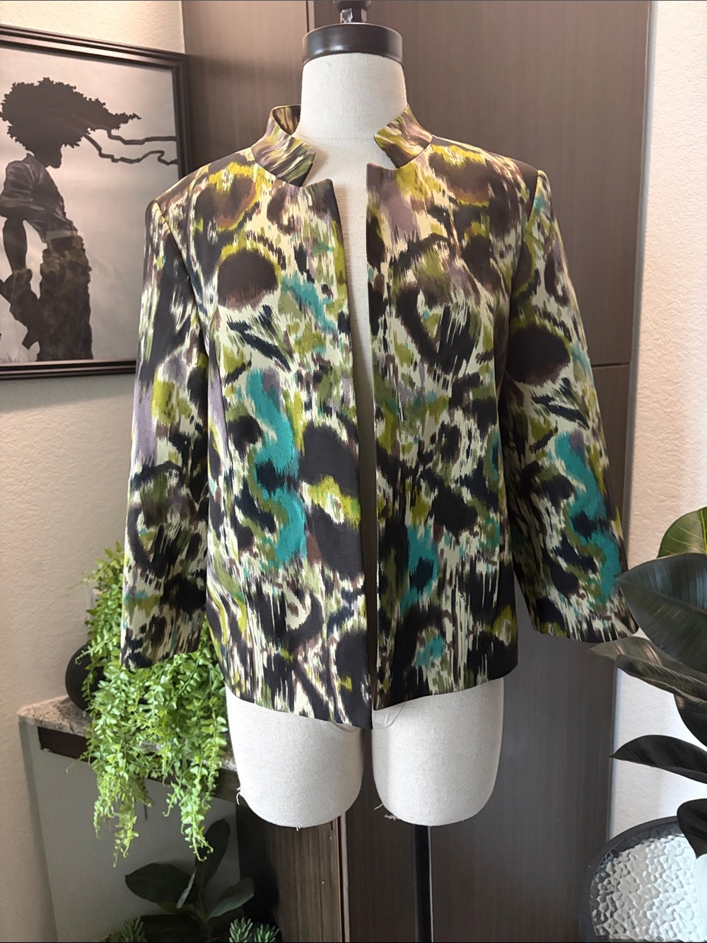Kim Rogers Abstract Print Open-Front Blazer in Teal, Olive & Black